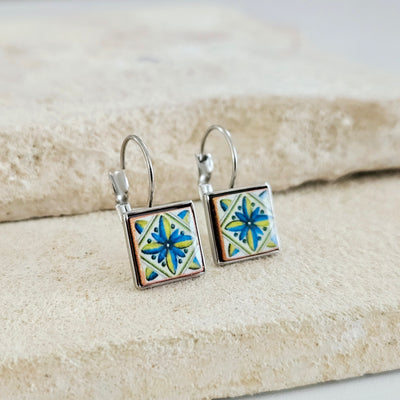 Majolica Azulejo Earring Tile Stainless STEEL Drop Earring Square Geometric Earring Gift Blue Yellow Caltagirone Tile Earring Silver Gold