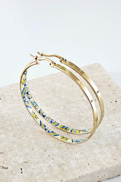 GOLD Flat HOOP Tile Earring Portugal Stainless STEEL Azulejo Delicate Gold Hoop Historical Gold Jewelry Travel Gift Portuguese Yellow Tile