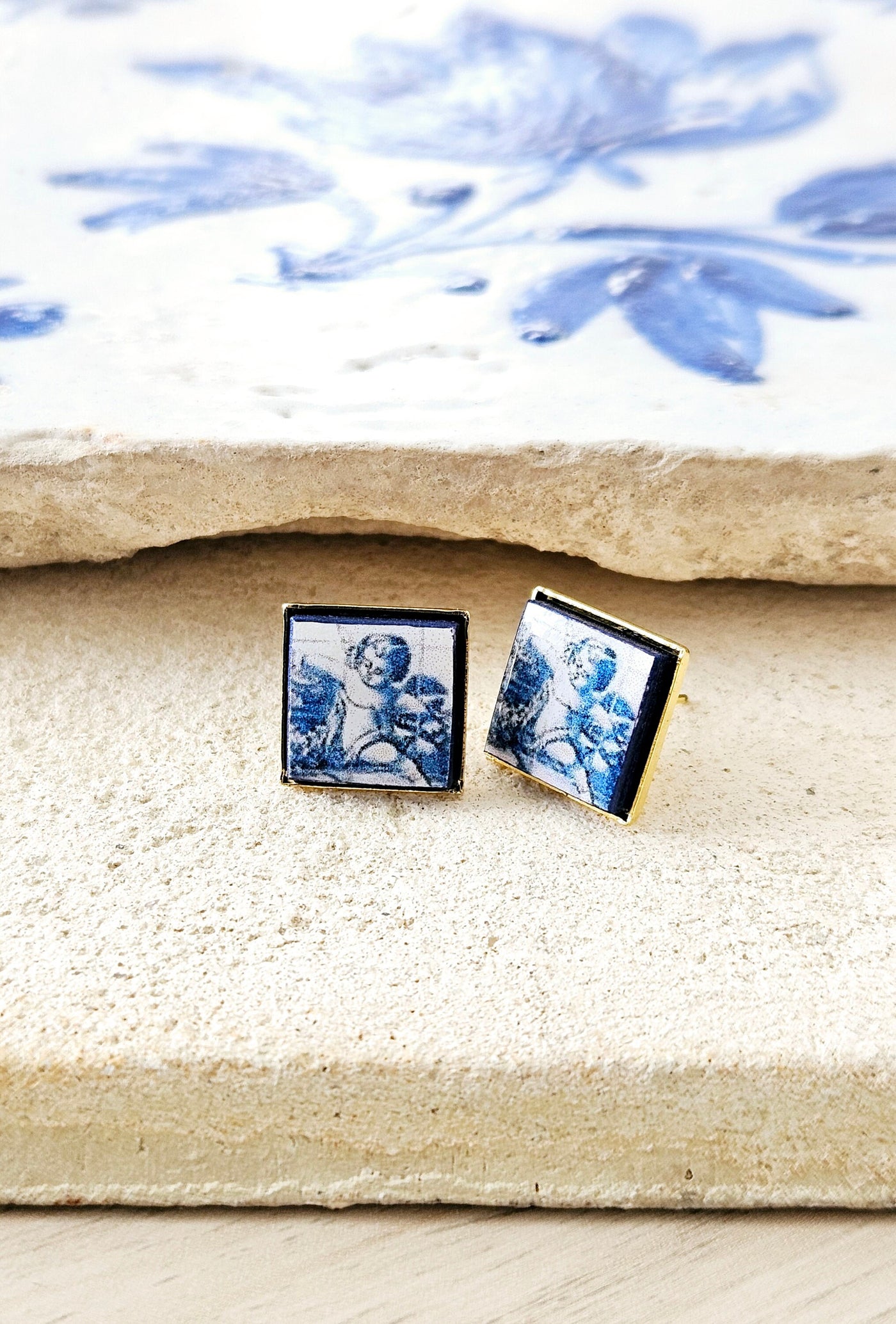 Angel Tile Earring Portugal Antique Azulejo Tiles Delft Cherub Post Earring Majolica Blue White Gold Tile Religious Gift Angel Memorial