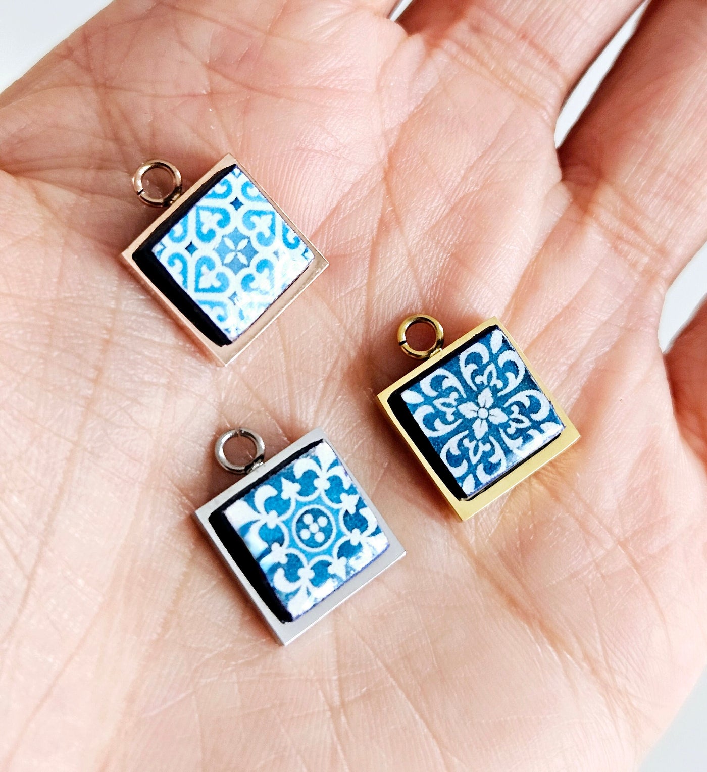 1PC Charm Portuguese Tile 12mm Azulejo Square Stainless Steel DIY Handmade Tile Jewelry Making Craft Supply Earring Bracelet Gift Charm