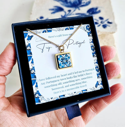 Portugal Tile Custom Charm Necklace Personalized Message Card Portugal Travel Necklace Portuguese Souvenir Gift Azulejo Jewelry Present