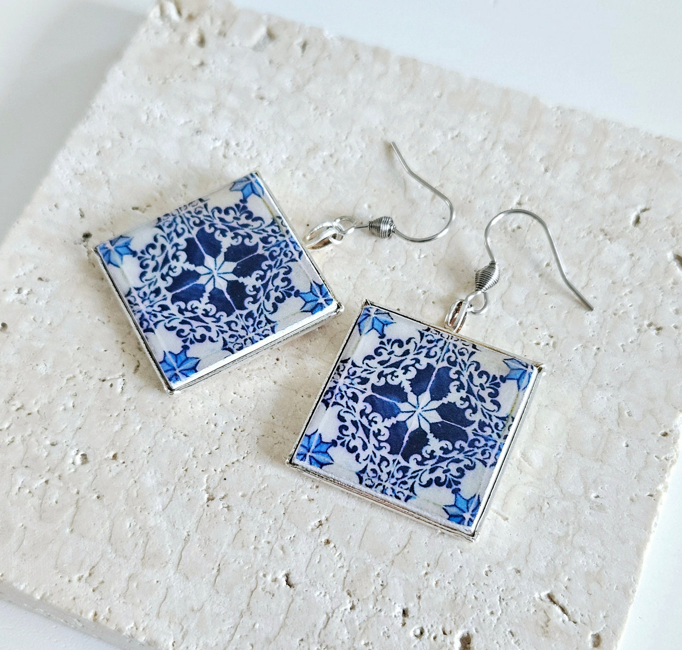 Lisbon Antique Majolica Tile Earring Square Portugal Azulejo Drop Earring Silver Blue Earring Traditional History Teacher Tile Earring Gift