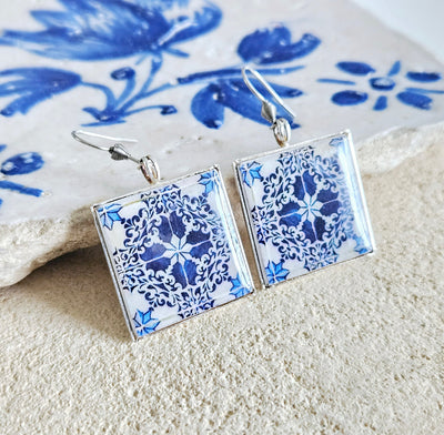 Lisbon Antique Majolica Tile Earring Square Portugal Azulejo Drop Earring Silver Blue Earring Traditional History Teacher Tile Earring Gift