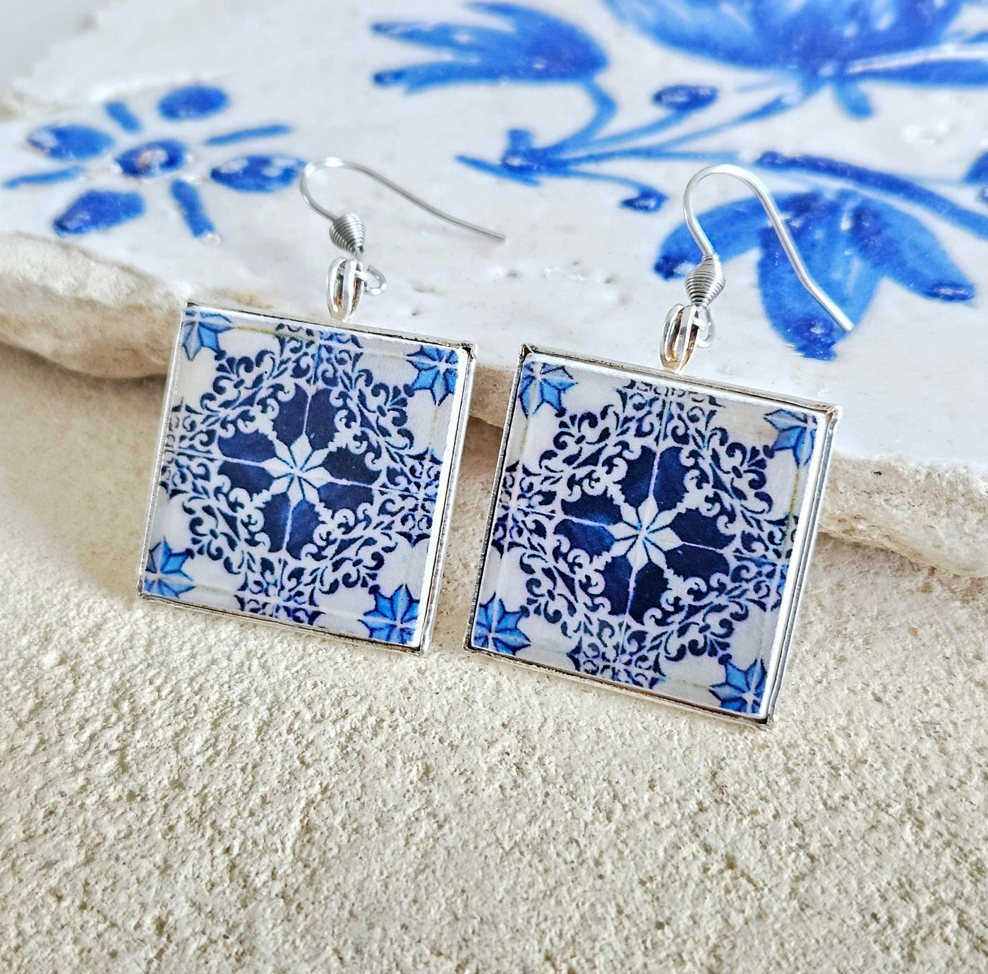 Lisbon Antique Majolica Tile Earring Square Portugal Azulejo Drop Earring Silver Blue Earring Traditional History Teacher Tile Earring Gift