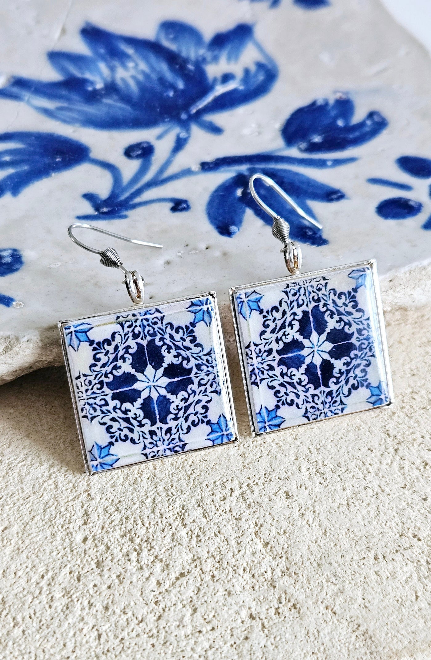 Lisbon Antique Majolica Tile Earring Square Portugal Azulejo Drop Earring Silver Blue Earring Traditional History Teacher Tile Earring Gift