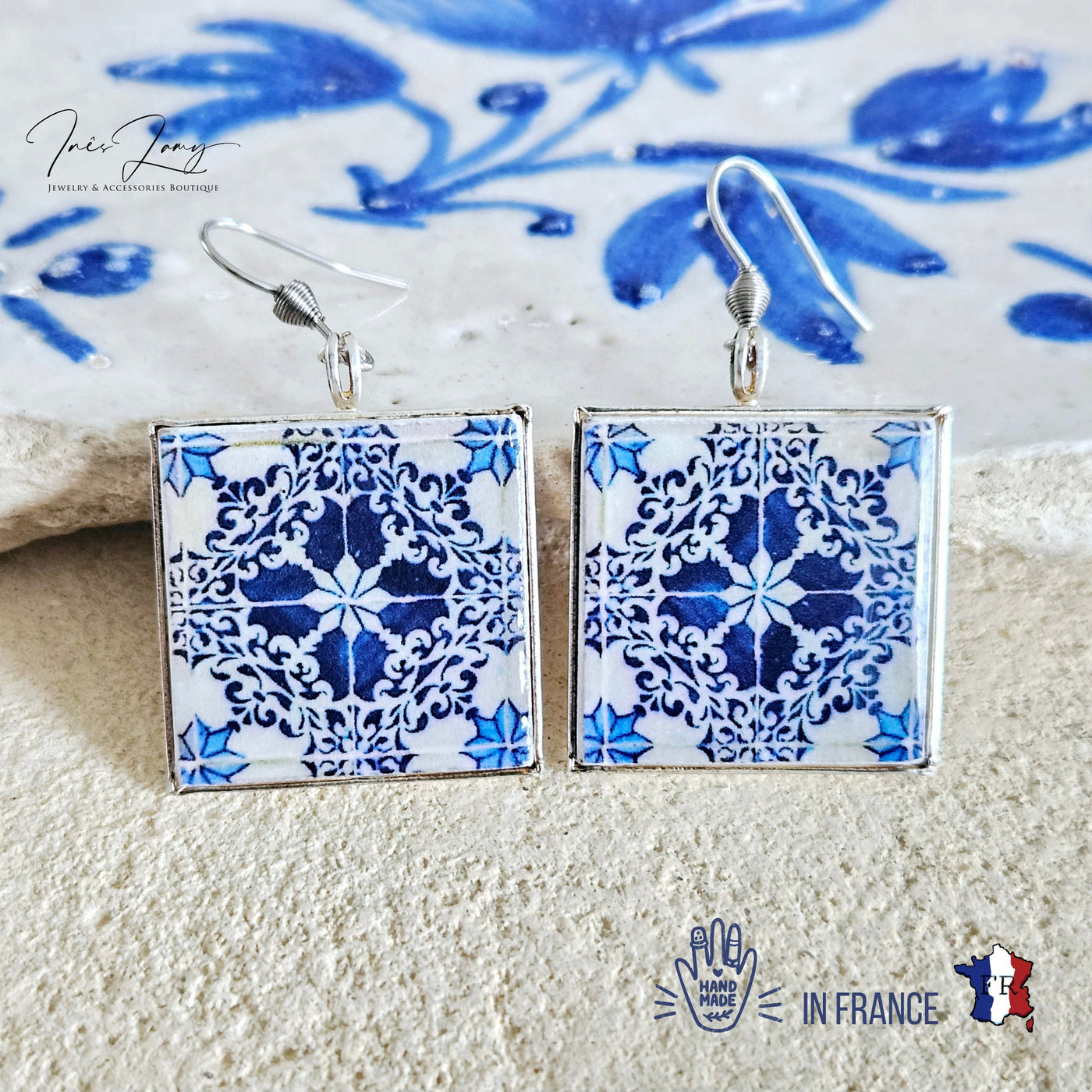 Lisbon Antique Majolica Tile Earring Square Portugal Azulejo Drop Earring Silver Blue Earring Traditional History Teacher Tile Earring Gift