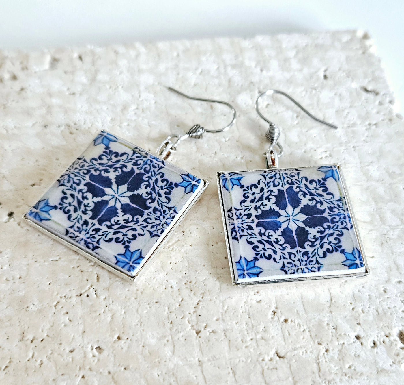 Lisbon Antique Majolica Tile Earring Square Portugal Azulejo Drop Earring Silver Blue Earring Traditional History Teacher Tile Earring Gift