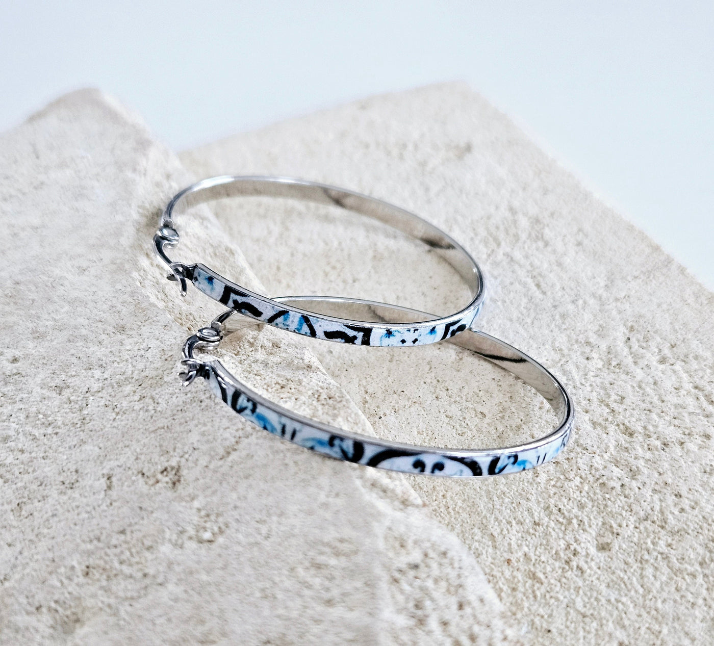 Dark BLUE HOOP Tile Earring Blue Portugal Stainless STEEL Azulejo Delicate Silver Hoop Gift for her Historical Jewelry Anniversary Gift