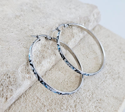 Dark BLUE HOOP Tile Earring Blue Portugal Stainless STEEL Azulejo Delicate Silver Hoop Gift for her Historical Jewelry Anniversary Gift