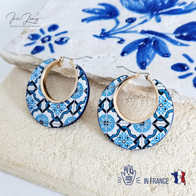 Portuguese Tile Hoop Earring Blue Antique Azulejo Statement Earring Handmade Gift Blue Gold Hoop Daughter Gift Mother Jewelry Gift for Her