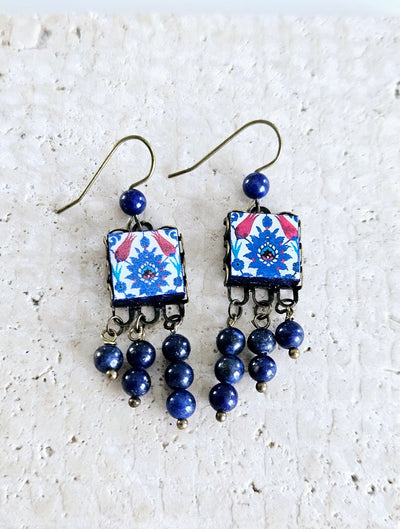 Turkish Tile Blue Red Drop Earring Natural Raw Stone Lapis Lazuli Square Tile Earring Çini Islamic Muslim Tile Earring Beaded Dangle Earring