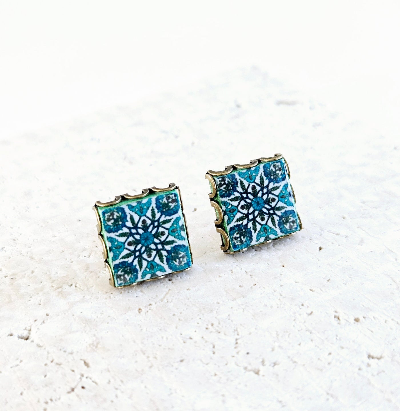 Turkish Tiles Stud Earring Emerald Green Geometric Square Stud Turkish Jewelry Gift Çini Tile Stud Iznik Persian Arab Pottery Handmade Gift
