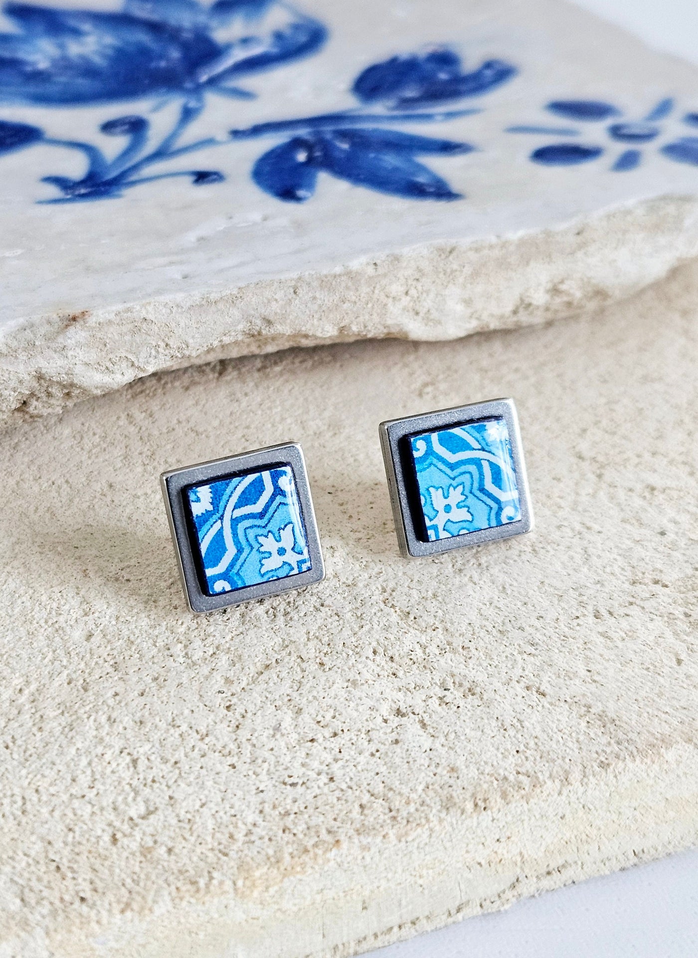 Blue Tile Earring Portugal SILVER STEEL Azulejo Minimalist Delicate GOLD Stud Earring Handmade Jewelry Anniversary Gift for Wife Sister Aunt