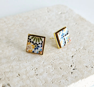 Moroccan Tile Stud Earring Yellow Small Tile Earring Mismatched Stud Gold Square Arabic Ottoman Zelig Mosaic Jewelry Pottery Islamic Gift