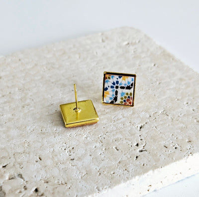 Moroccan Tile Stud Earring Yellow Small Tile Earring Mismatched Stud Gold Square Arabic Ottoman Zelig Mosaic Jewelry Pottery Islamic Gift