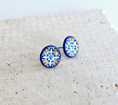 Portuguese Tile Post Earring Blue Azulejo Small Glass Round Vintage Tile Wife Gift Portugal Travel Gift Jewelry Best Friend Anniversary Gift