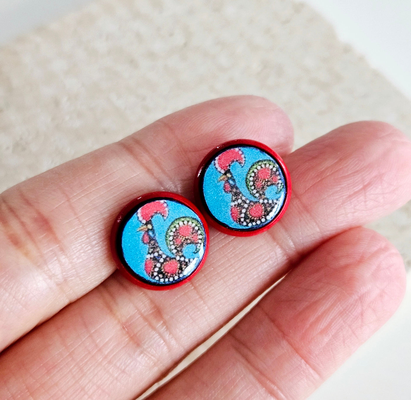 Turquoise Red Rooster Red Post Stud Earring Barcelos Rooster Portuguese Heritage Galo Folklore Round Earring Handmade Birthday Gift for Her