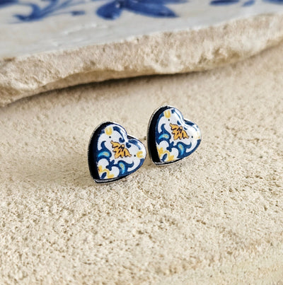 Portuguese Tile Heart STEEL Earring Antique Tile Post Earring Portugal Azulejo Jewelry Blue Yellow Heart Travel Gift Handmade Jewelry Gift