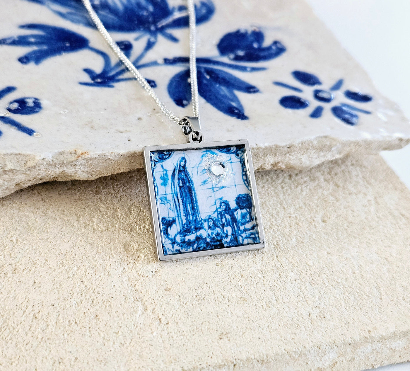 Lady of Fatima Necklace Religious Portuguese Tile Christian Jewelry Catholic Gift Miraculous Virgin Mary Pendant Portugal Azulejo