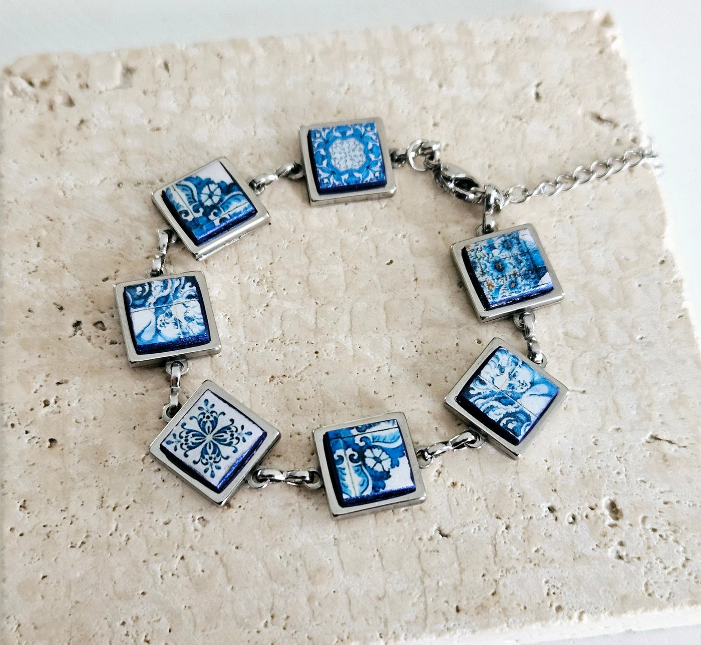 Portugal Antique Majolica Tile Silver STEEL Bracelet Small Square Azulejos Bracelet Adjustable Size Mid Century Modern Handmade Gift for Her