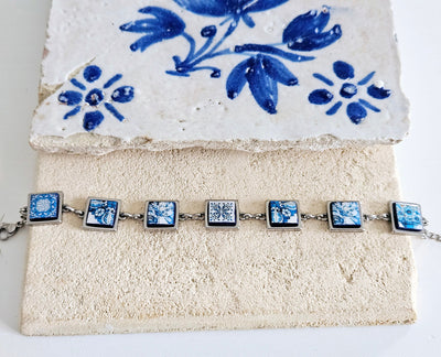 Portugal Antique Majolica Tile Silver STEEL Bracelet Small Square Azulejos Bracelet Adjustable Size Mid Century Modern Handmade Gift for Her