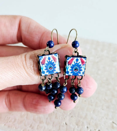 Turkish Tile Blue Red Drop Earring Natural Raw Stone Lapis Lazuli Square Tile Earring Çini Islamic Muslim Tile Earring Beaded Dangle Earring