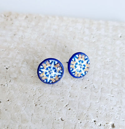Portuguese Tile Post Earring Blue Azulejo Small Glass Round Vintage Tile Wife Gift Portugal Travel Gift Jewelry Best Friend Anniversary Gift