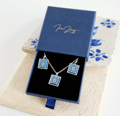 Portugal Azulejo STEEL Jewelry Gift Set Tile Pendant Earring Portuguese Blue Charm Silver Gold Square Necklace Tile Handmade Gift Rose Gold