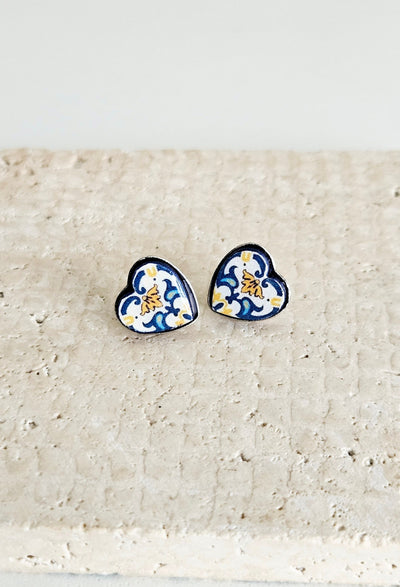 Portuguese Tile Heart STEEL Earring Antique Tile Post Earring Portugal Azulejo Jewelry Blue Yellow Heart Travel Gift Handmade Jewelry Gift