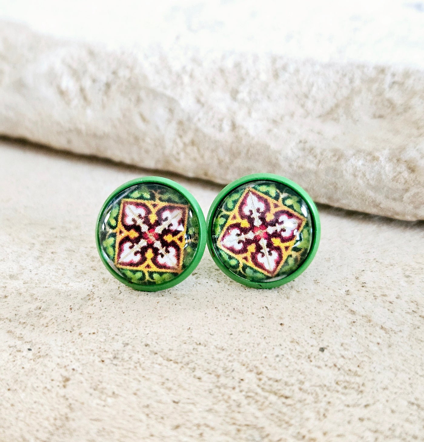 Emerald Green Azulejo Stud Earring Portugal Antique Tile Majolica Gift Handmade Earring Round Tile Jewelry Gift for Daughter Mother Sister