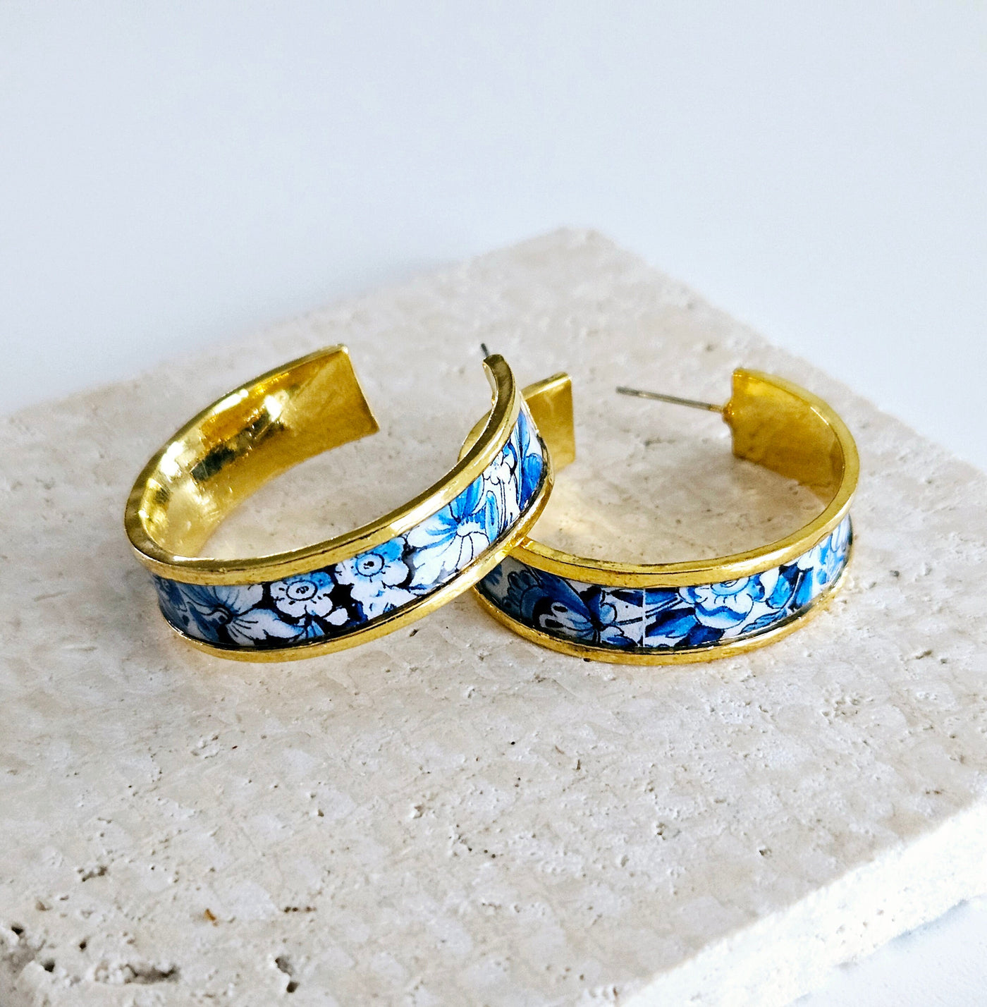 Blue Gold HOOP Tile Earring Portugal Gold Lightweight STEEL Azulejo Delicate Flat Large Hoop Historical Gift Travel Jewelry Anniversary Gift