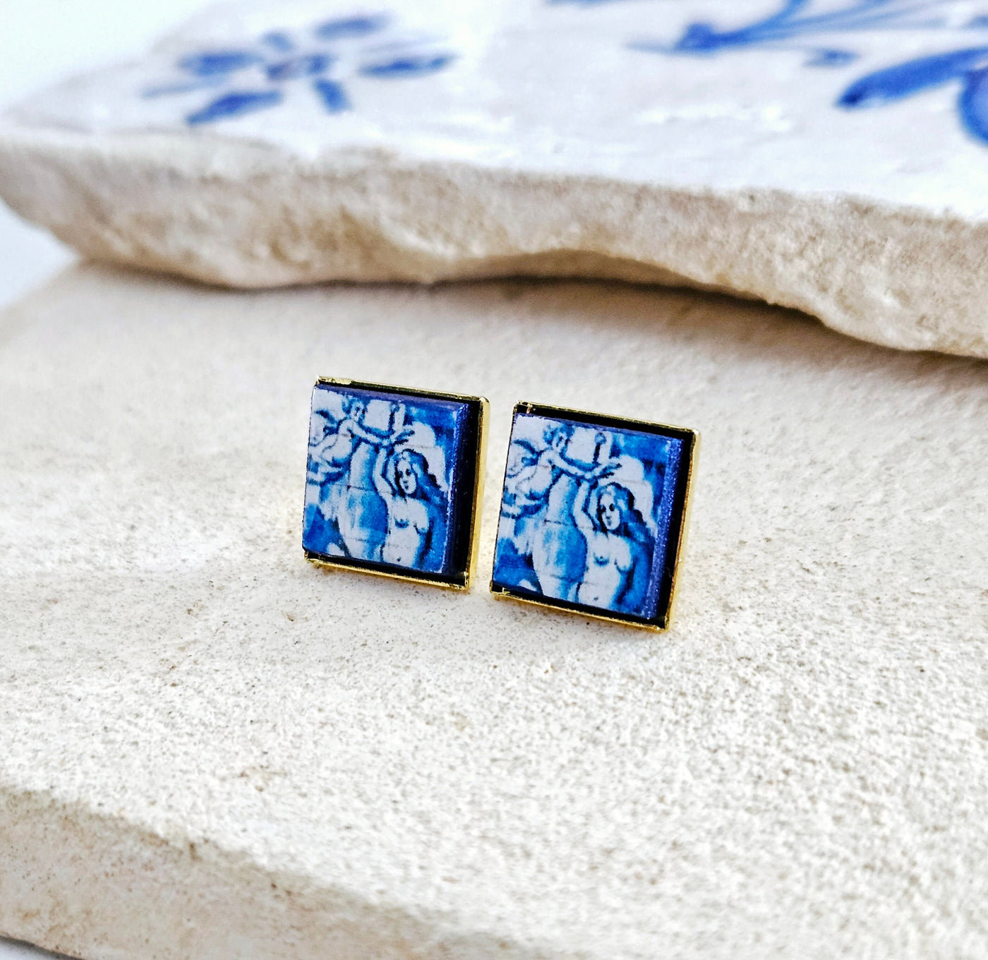 Blue White Tile Venus Gold Stud Earring Antique Portugal Azulejo Tile Portuguese Majolica Historical Gift for Her Birthday Renaissance Gift