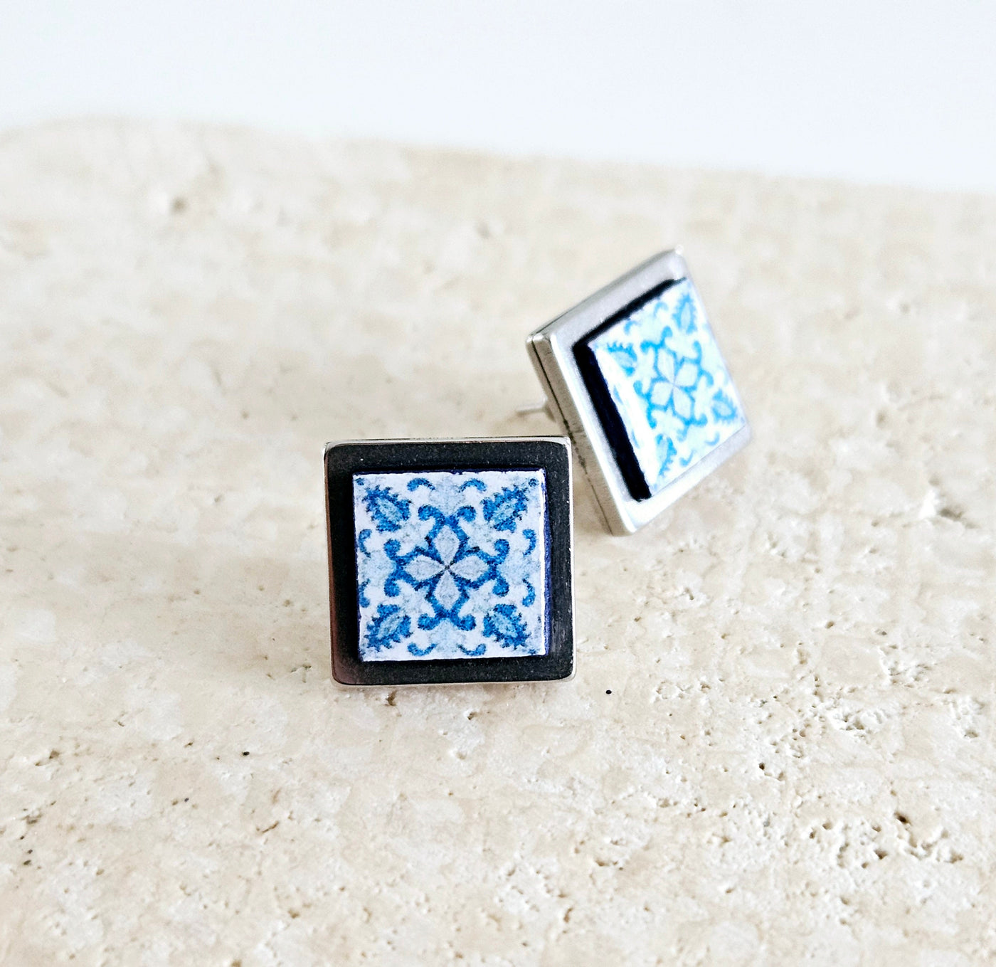 Small Antique Tile Silver STEEL Post Earring Portuguese Tile Square Blue White Geometric Gift Azulejo Jewelry Handmade Travel Gift Souvenir