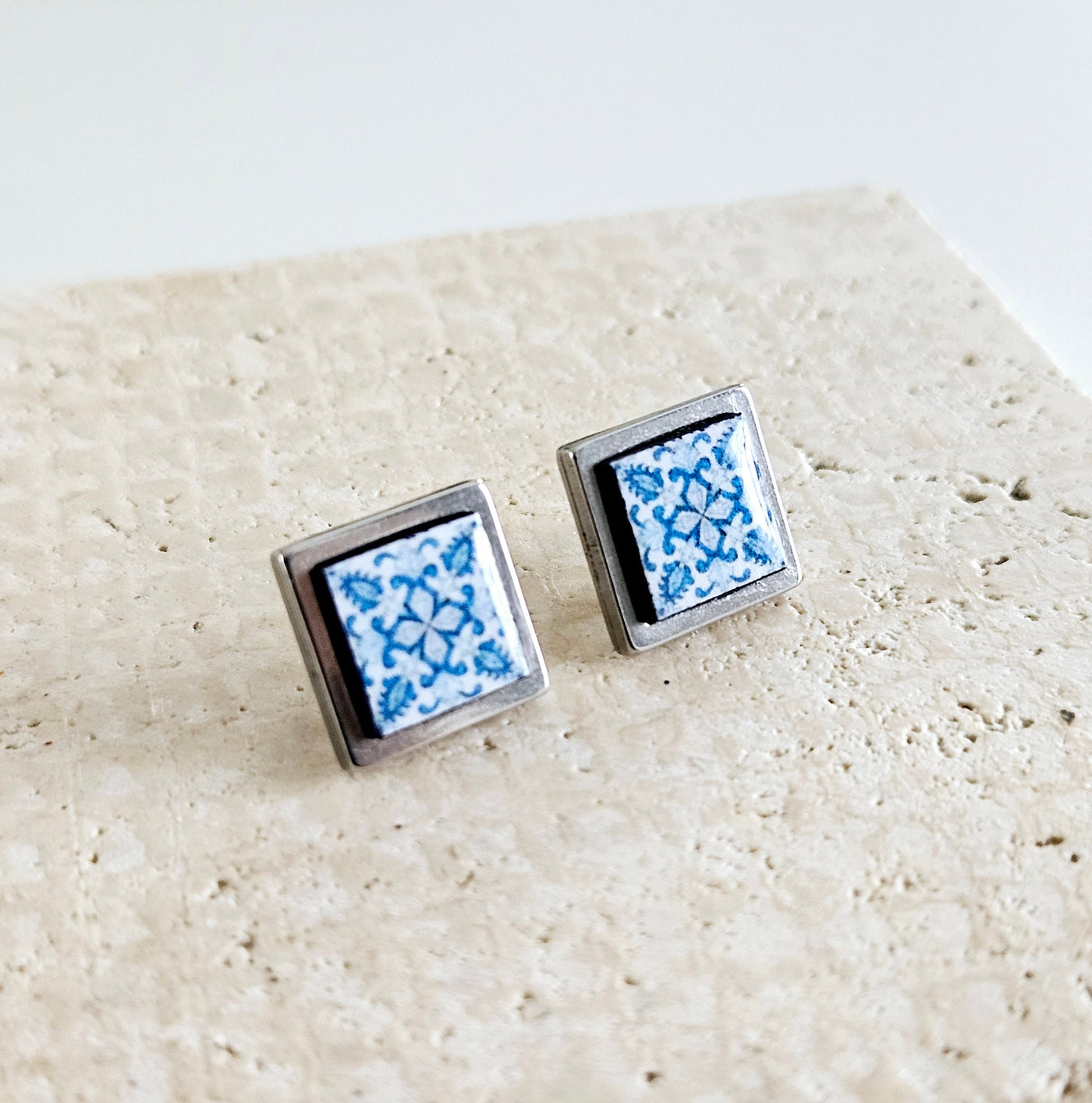 Small Antique Tile Silver STEEL Post Earring Portuguese Tile Square Blue White Geometric Gift Azulejo Jewelry Handmade Travel Gift Souvenir