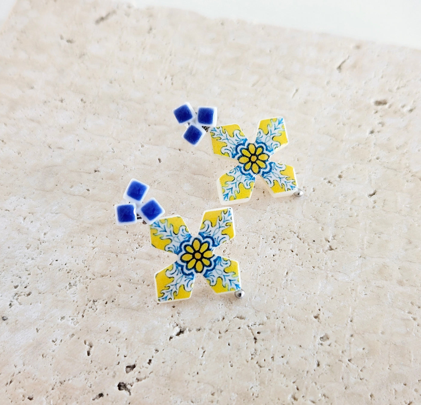 Ceramic Portuguese Tile Cross Earring Azulejo Blue White Yellow Tile Silver Drop Handmade Earring Clay Mother Pearl Earring Portugal Gift