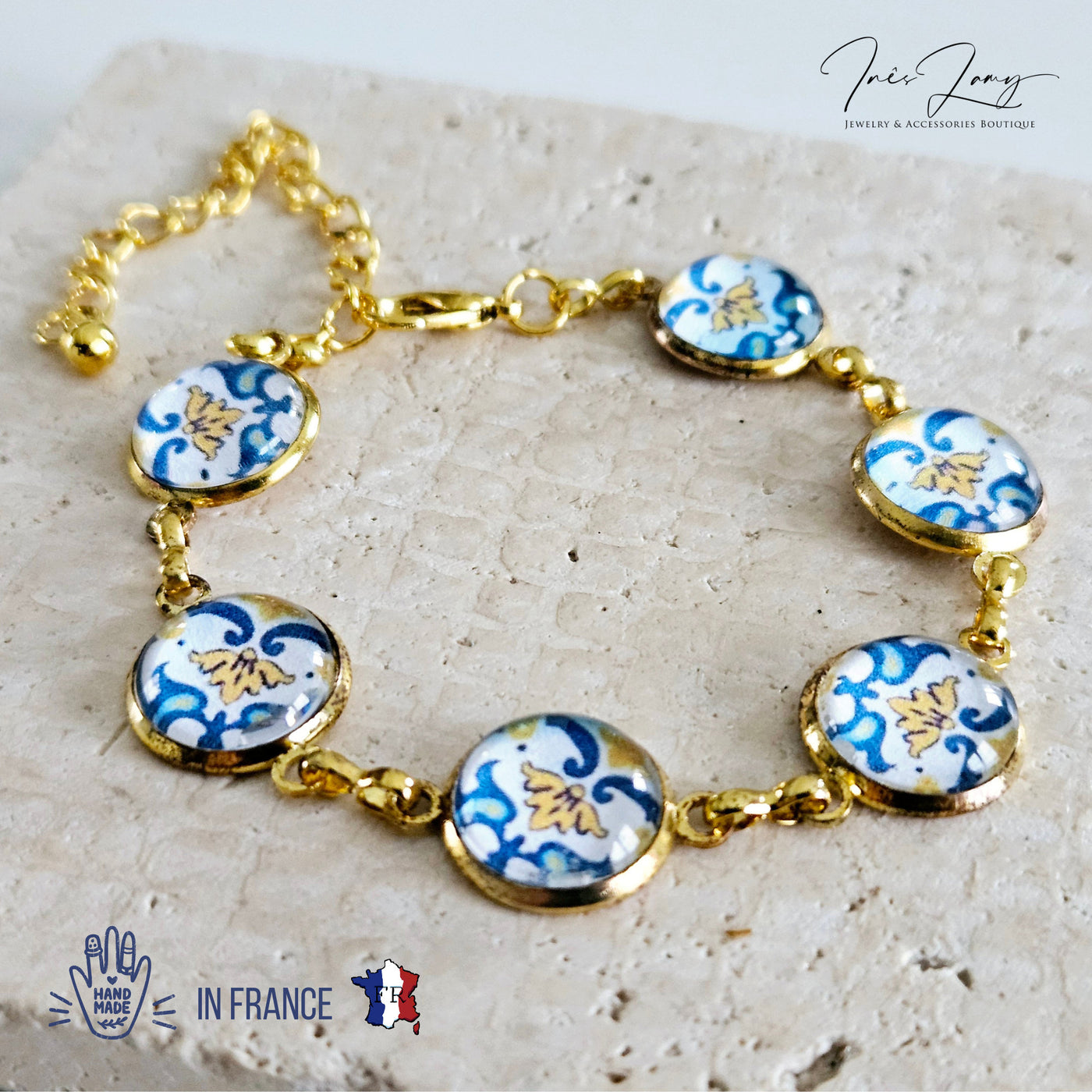 Portugal Blue Azulejo Gold Bracelet Antique Majolica Tile Ethnic Chain Bracelet Round Tile Bracelet Handmade Jewelry Travel Portugal Gift