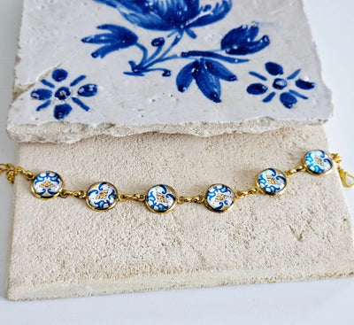 Portugal Blue Azulejo Gold Bracelet Antique Majolica Tile Ethnic Chain Bracelet Round Tile Bracelet Handmade Jewelry Travel Portugal Gift