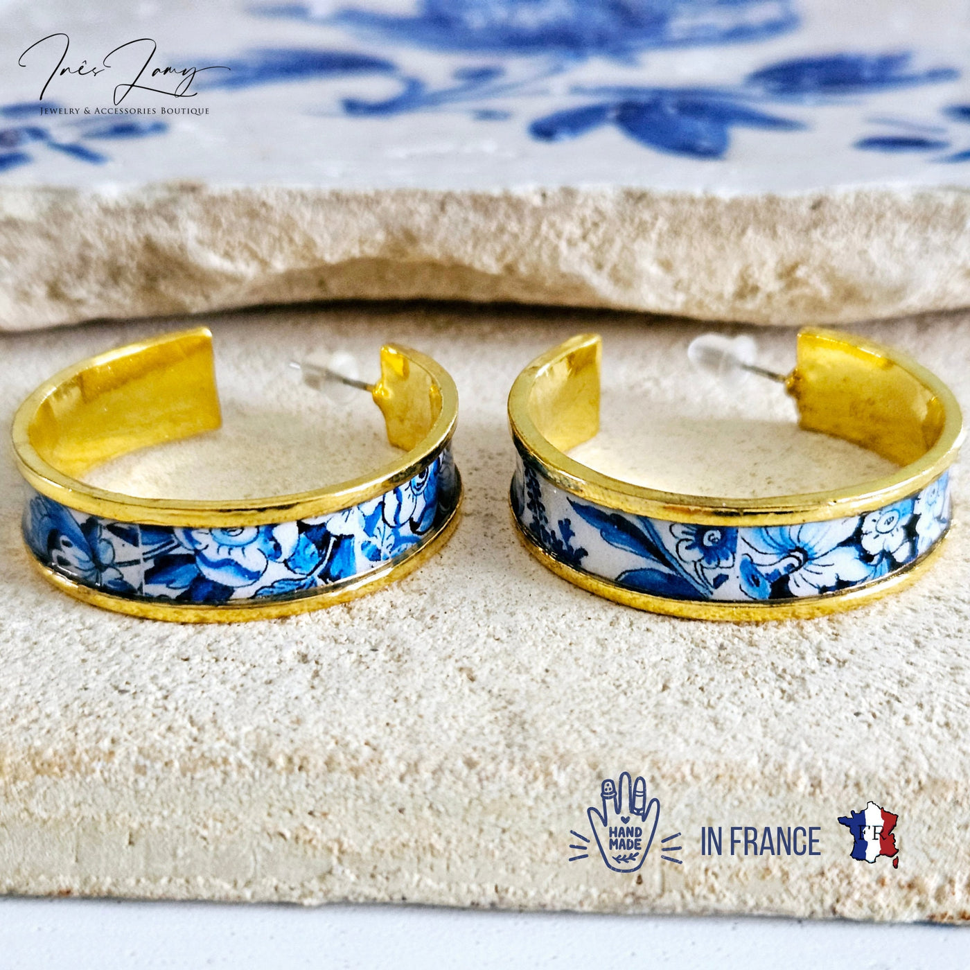 Blue Gold HOOP Tile Earring Portugal Gold Lightweight STEEL Azulejo Delicate Flat Large Hoop Historical Gift Travel Jewelry Anniversary Gift