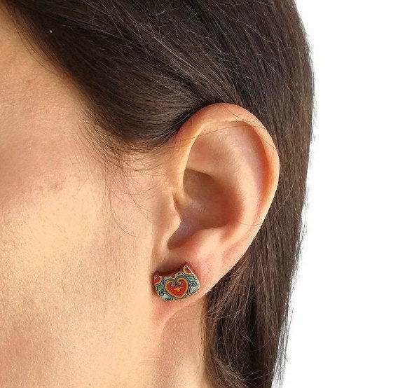 Mexican Tile Cat Earring Colorful Spanish Jewelry Talavera Tile Stud Cat Red Green Post Earring Cat Mom Gift Handmade Latina Birthday Gift