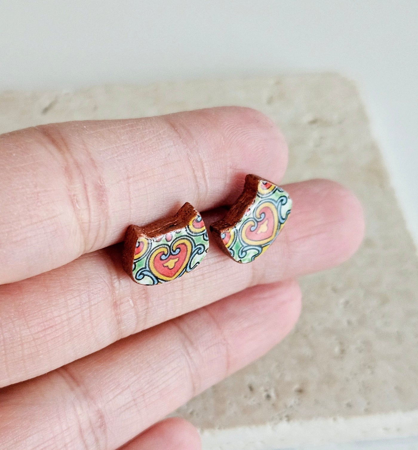 Mexican Tile Cat Earring Colorful Spanish Jewelry Talavera Tile Stud Cat Red Green Post Earring Cat Mom Gift Handmade Latina Birthday Gift