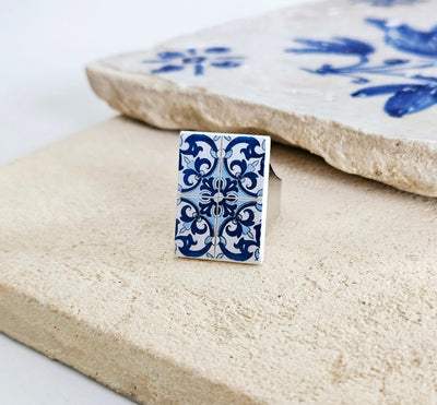 Rectangular Tile STEEL Ring Portuguese Blue White Tile Adjustable Ring Band Statement Handmade Jewelry Geometric Ring Portugal Travel Gift