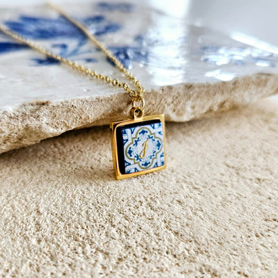 Initial Tile Necklace Silver Gold Rose Gold Custom Letter Charm Mother Gift Personalized Pendant Bridesmaid Portuguese Small Azulejo Tile