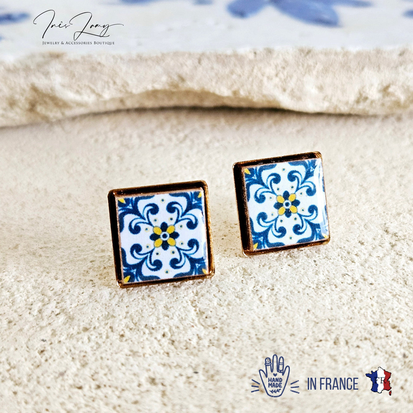 Portugal Blue Tile GOLD Stud Earring Small Square Tile Post Portuguese Azulejo Geometric Blue White Wife Gift Travel Handmade Jewelry Gift