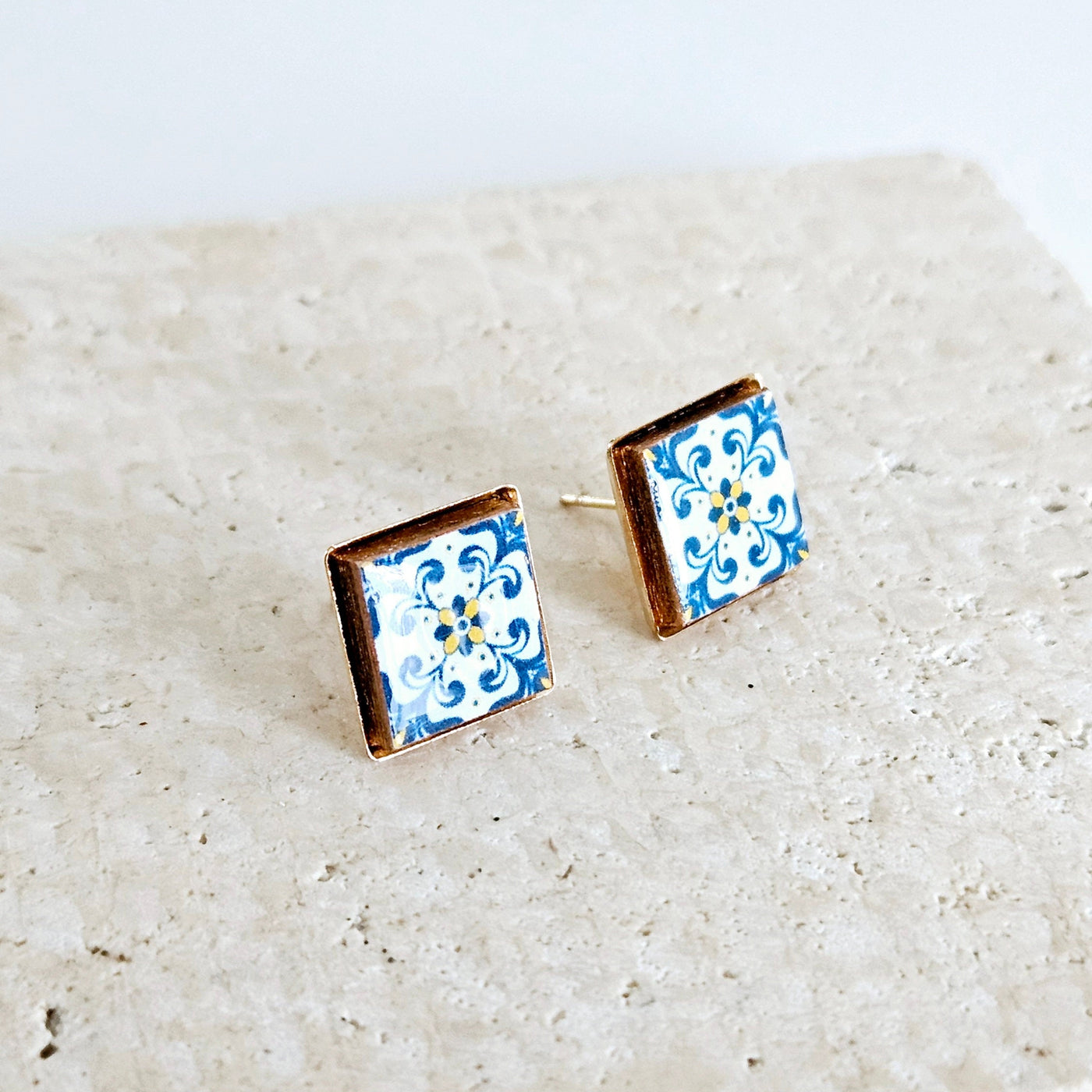 Portugal Blue Tile GOLD Stud Earring Small Square Tile Post Portuguese Azulejo Geometric Blue White Wife Gift Travel Handmade Jewelry Gift