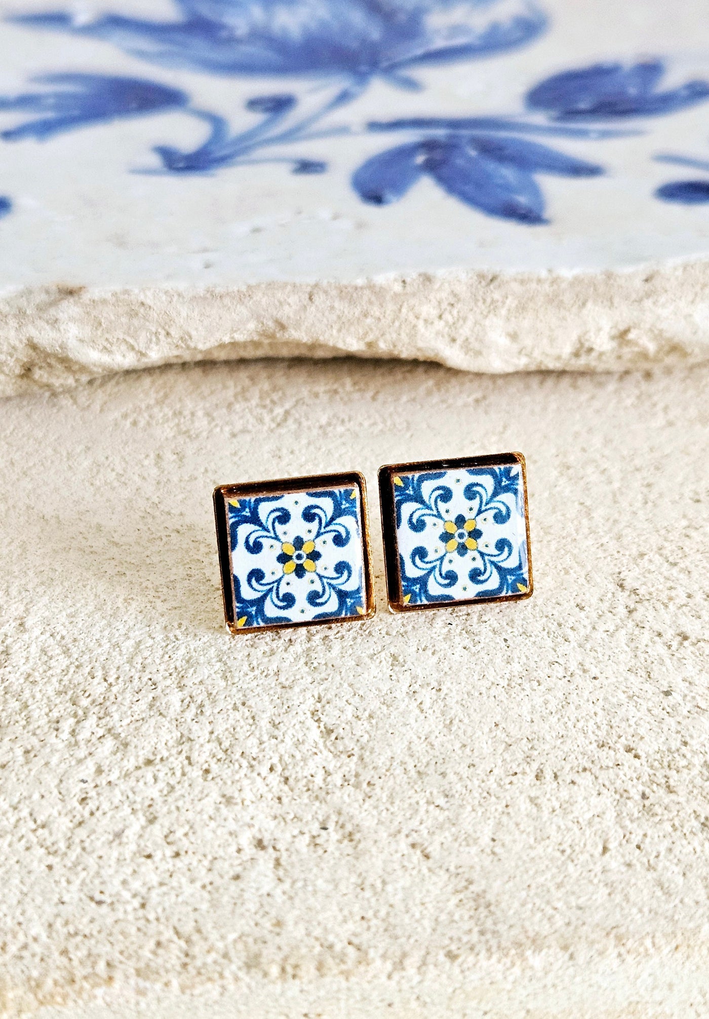 Portugal Blue Tile GOLD Stud Earring Small Square Tile Post Portuguese Azulejo Geometric Blue White Wife Gift Travel Handmade Jewelry Gift