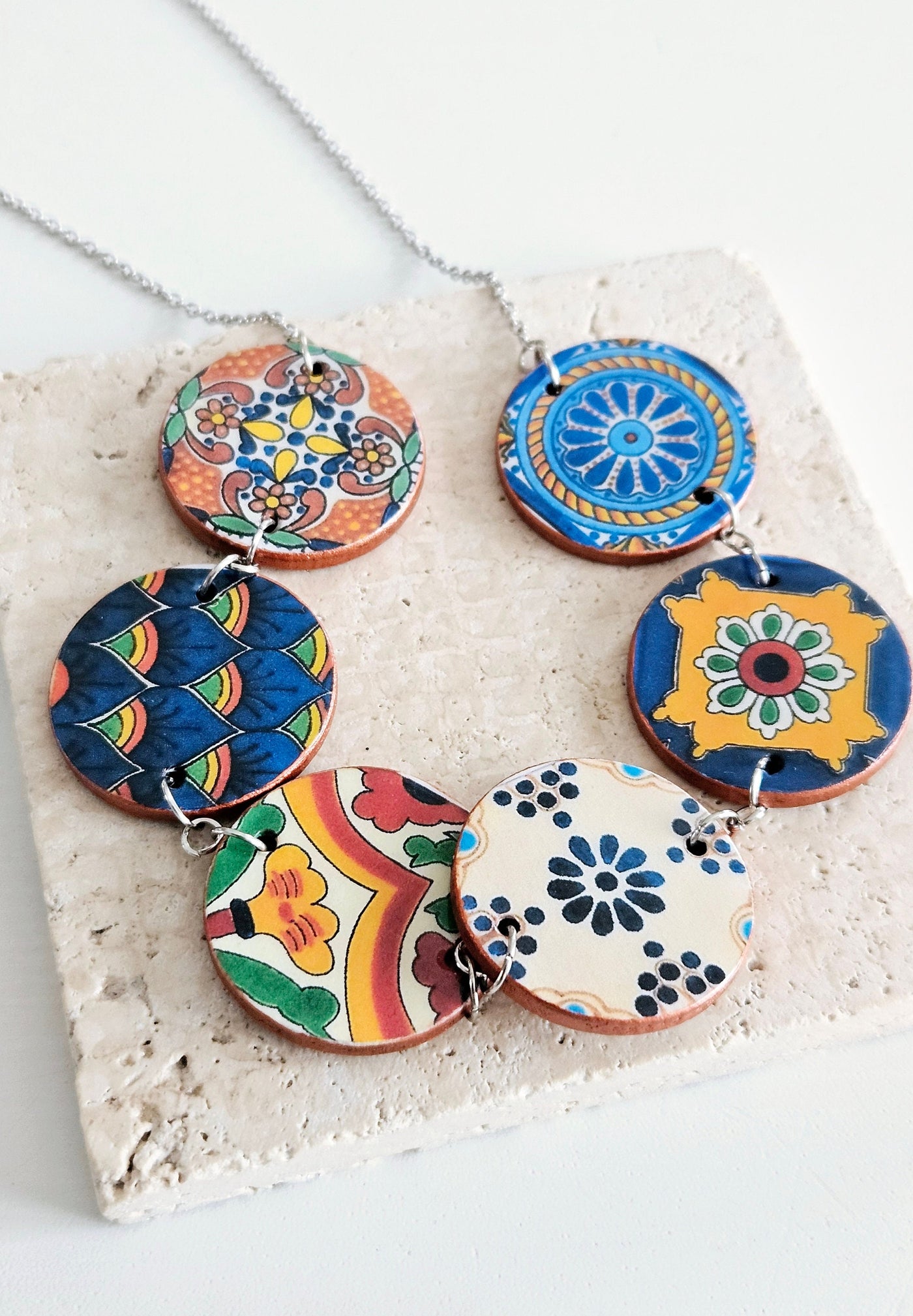 Mexican Round Tiles Necklace Mexico Talavera Statement Jewelry Bohemian Necklace Spanish Lightweight Pendant Mismatched Big Tiles Necklace