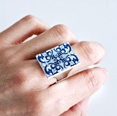 Rectangular Tile STEEL Ring Portuguese Blue White Tile Adjustable Ring Band Statement Handmade Jewelry Geometric Ring Portugal Travel Gift
