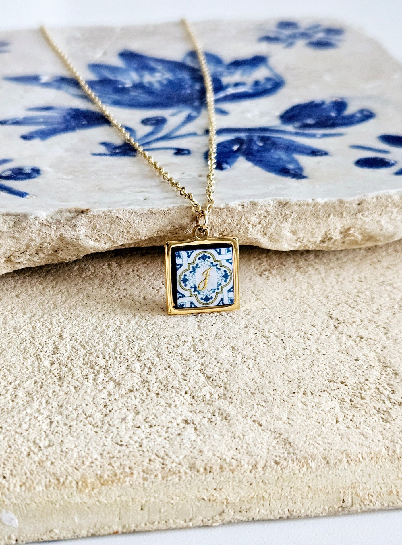 Initial Tile Necklace Silver Gold Rose Gold Custom Letter Charm Mother Gift Personalized Pendant Bridesmaid Portuguese Small Azulejo Tile