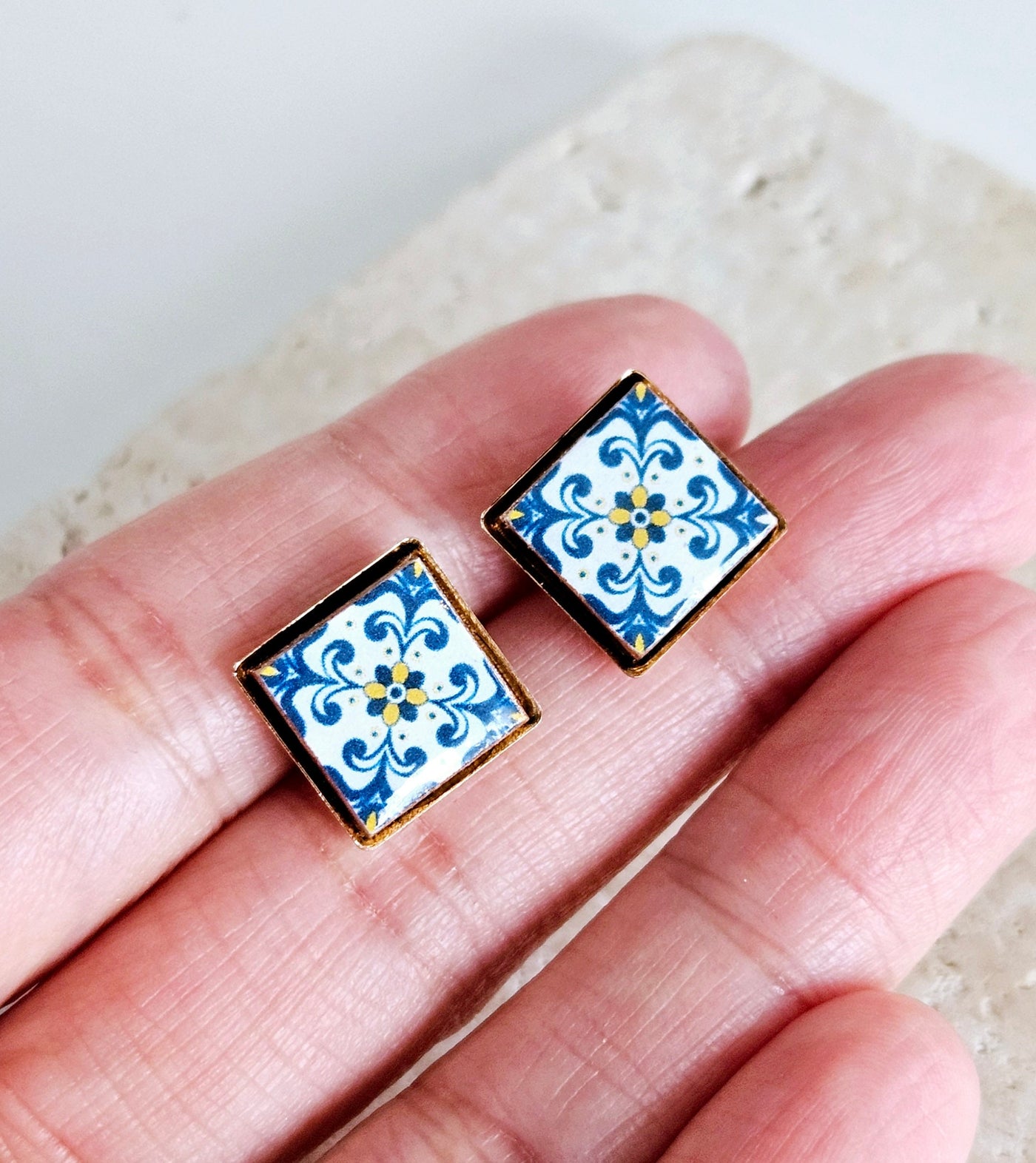 Portugal Blue Tile GOLD Stud Earring Small Square Tile Post Portuguese Azulejo Geometric Blue White Wife Gift Travel Handmade Jewelry Gift