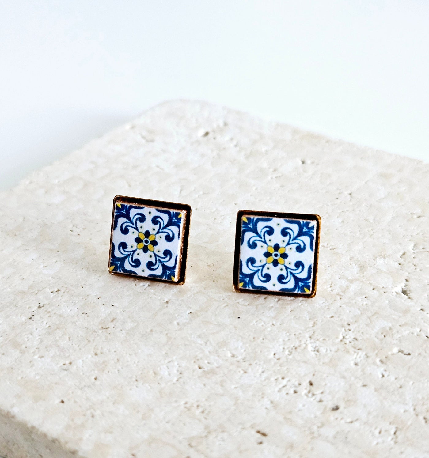 Portugal Blue Tile GOLD Stud Earring Small Square Tile Post Portuguese Azulejo Geometric Blue White Wife Gift Travel Handmade Jewelry Gift